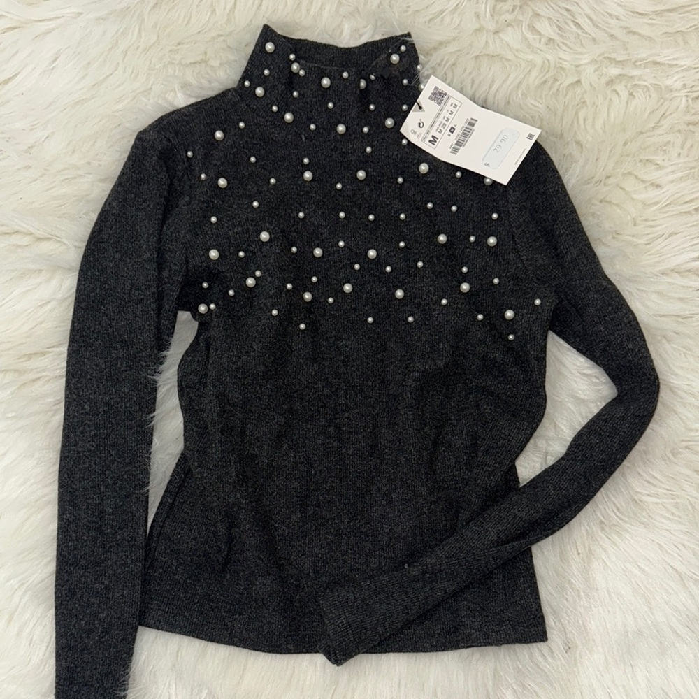 Zara Grey Turtleneck Sweater with Pearl Embellishments